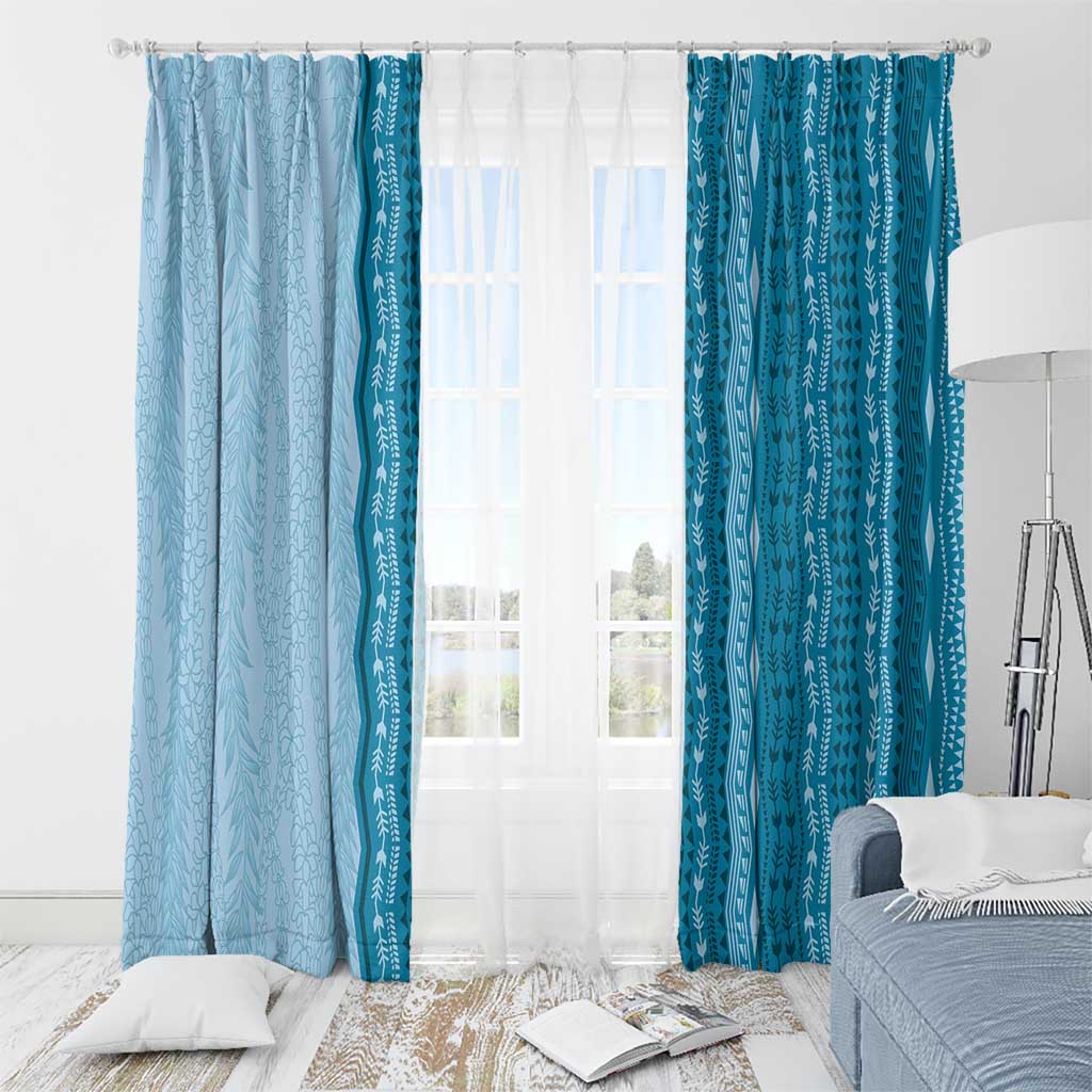 Vintage Cobalt Blue Hawaiian Traditional Kapa Mix Flowers Lei Window Curtain