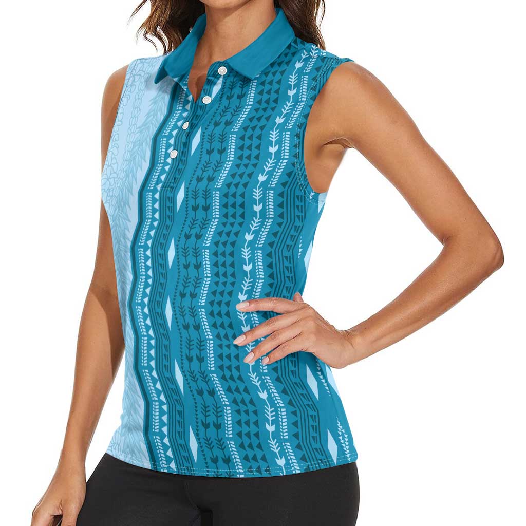 Vintage Cobalt Blue Hawaiian Traditional Kapa Mix Flowers Lei Women Sleeveless Polo Shirt