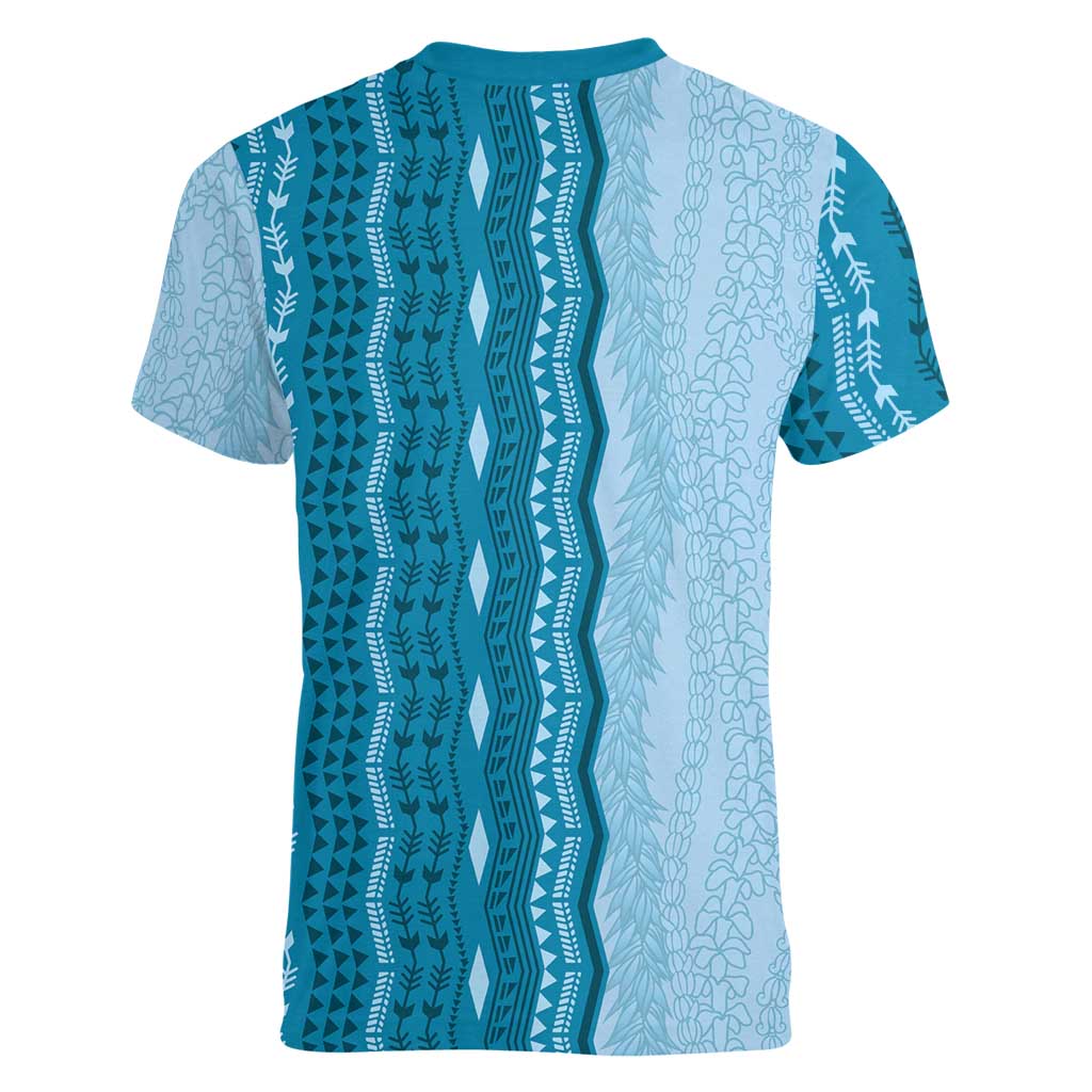 Vintage Cobalt Blue Hawaiian Traditional Kapa Mix Flowers Lei Women V-Neck T-Shirt