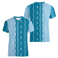Vintage Cobalt Blue Hawaiian Traditional Kapa Mix Flowers Lei Women V-Neck T-Shirt