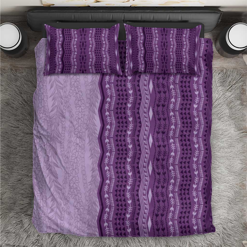 Vintage Violet Hawaiian Traditional Kapa Mix Flowers Lei Bedding Set