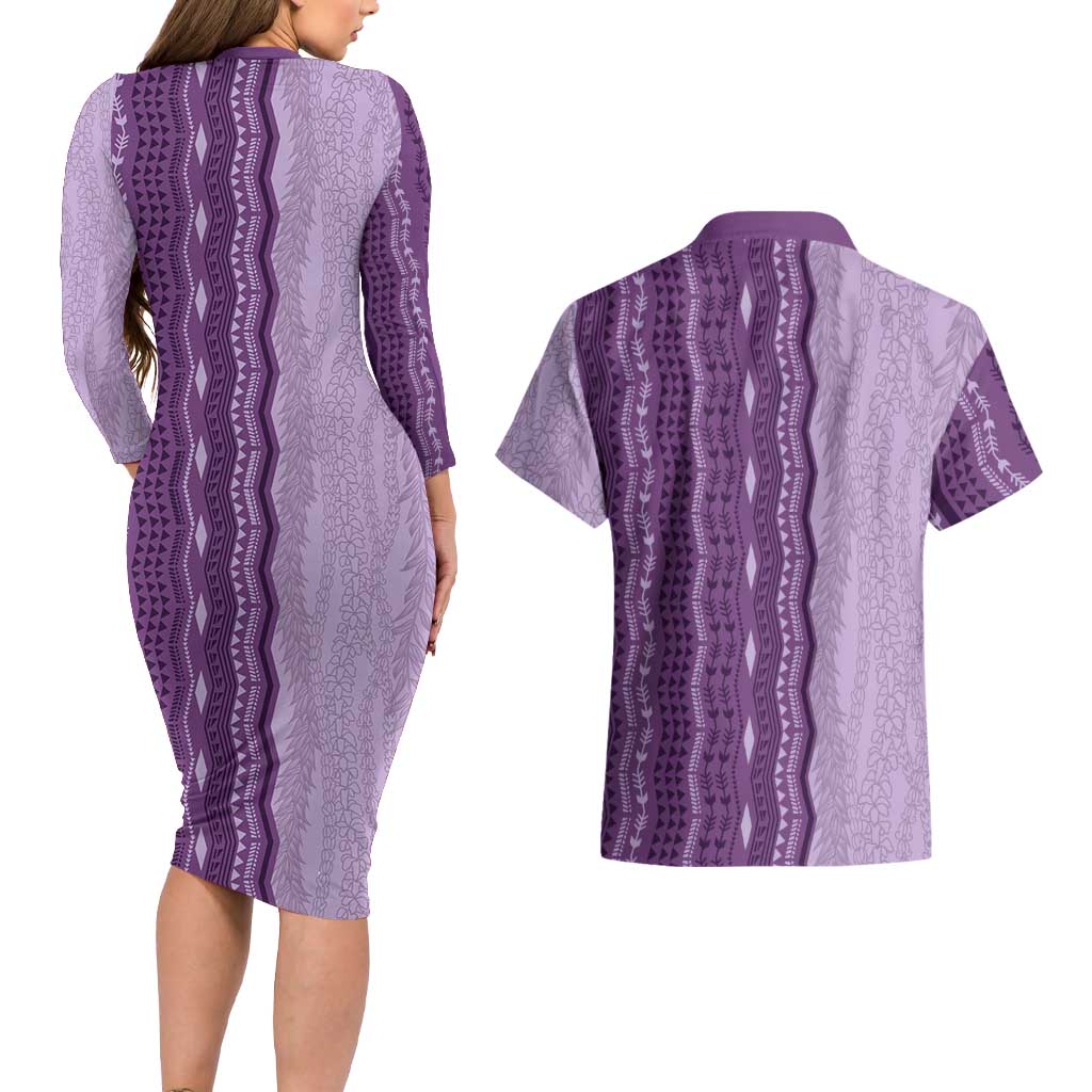 Vintage Violet Hawaiian Traditional Kapa Mix Flowers Lei Couples Matching Long Sleeve Bodycon Dress and Hawaiian Shirt