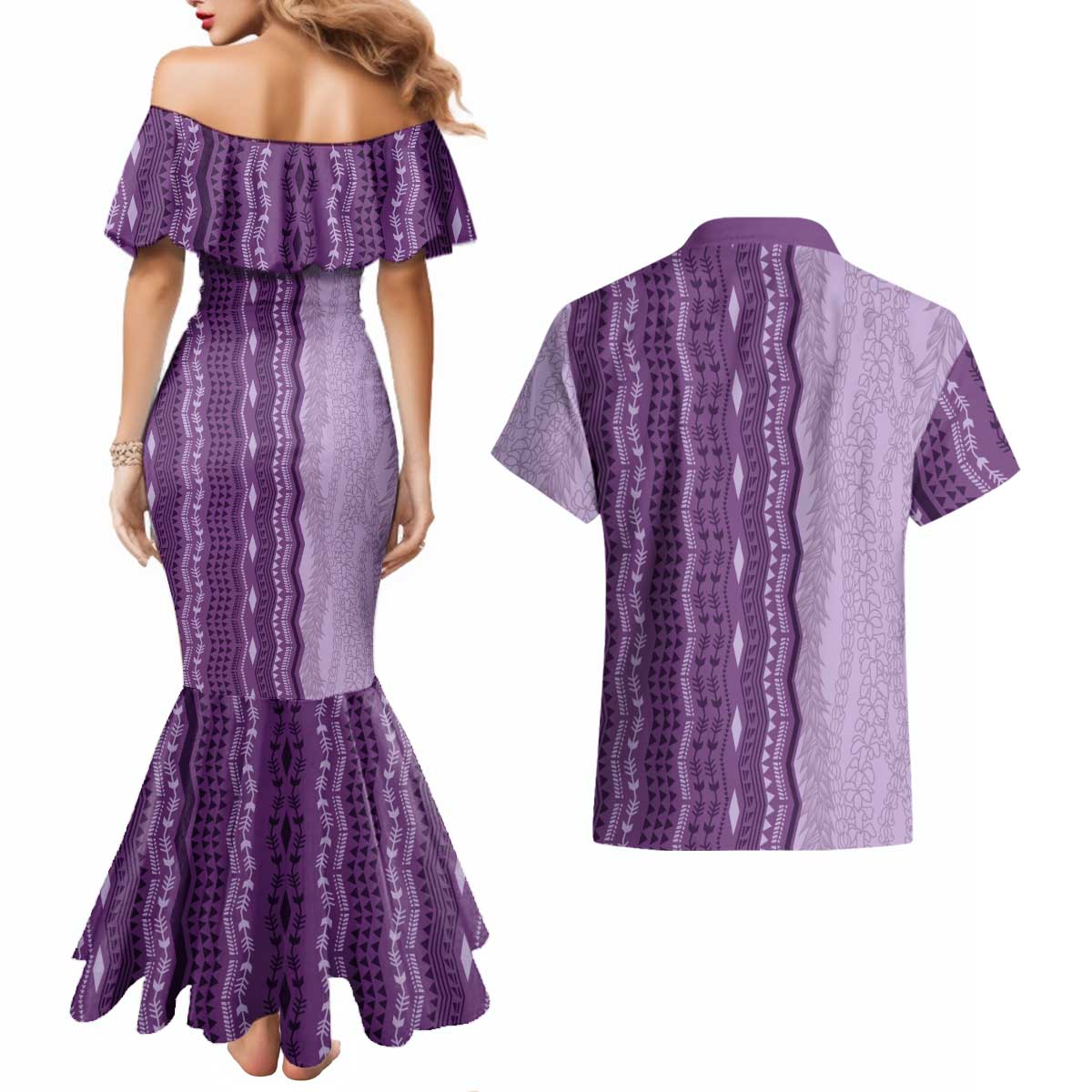 Vintage Violet Hawaiian Traditional Kapa Mix Flowers Lei Couples Matching Mermaid Dress and Hawaiian Shirt