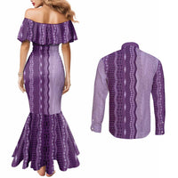 Vintage Violet Hawaiian Traditional Kapa Mix Flowers Lei Couples Matching Mermaid Dress and Long Sleeve Button Shirt