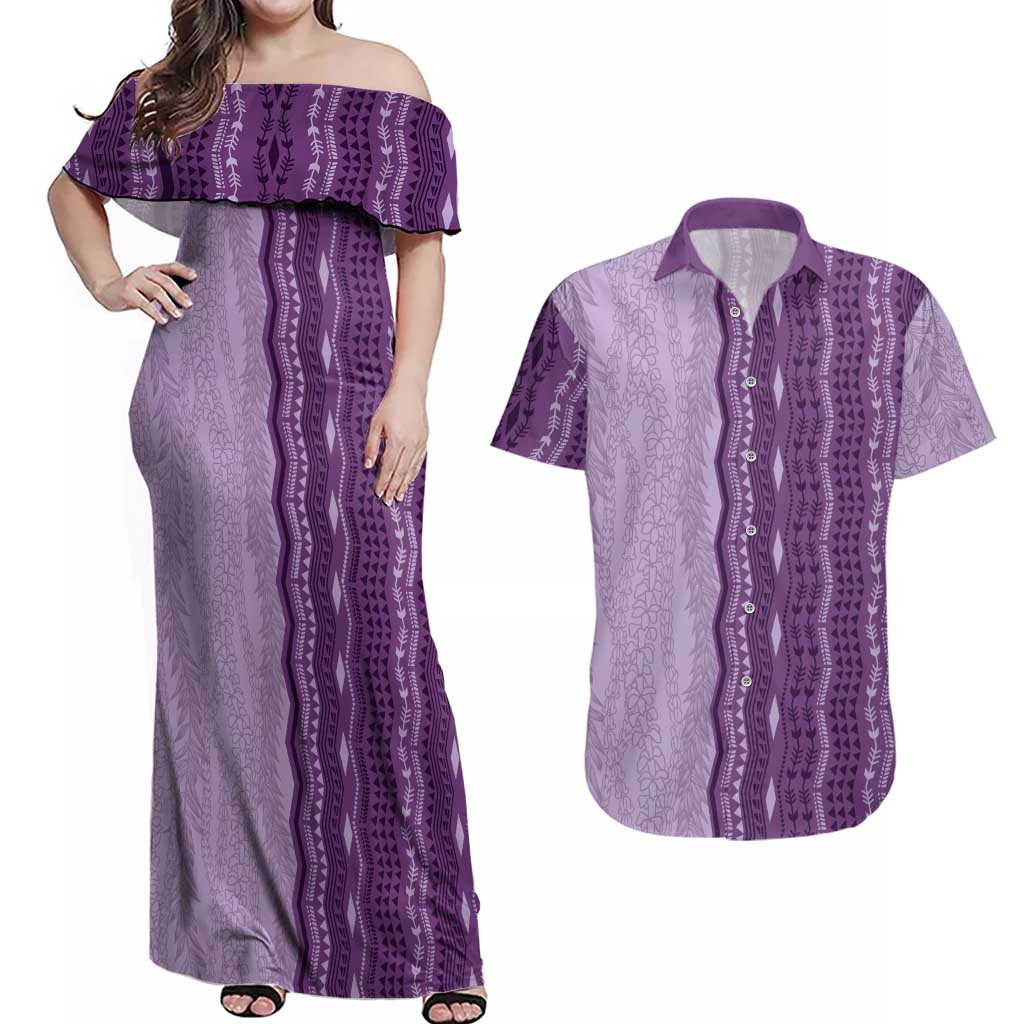 Vintage Violet Hawaiian Traditional Kapa Mix Flowers Lei Couples Matching Off Shoulder Maxi Dress and Hawaiian Shirt