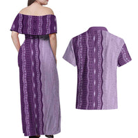 Vintage Violet Hawaiian Traditional Kapa Mix Flowers Lei Couples Matching Off Shoulder Maxi Dress and Hawaiian Shirt