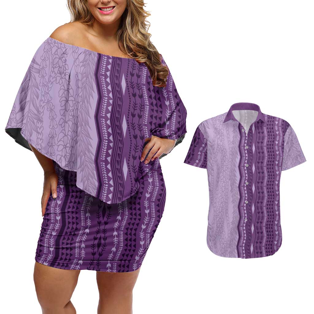 Vintage Violet Hawaiian Traditional Kapa Mix Flowers Lei Couples Matching Off Shoulder Short Dress and Hawaiian Shirt