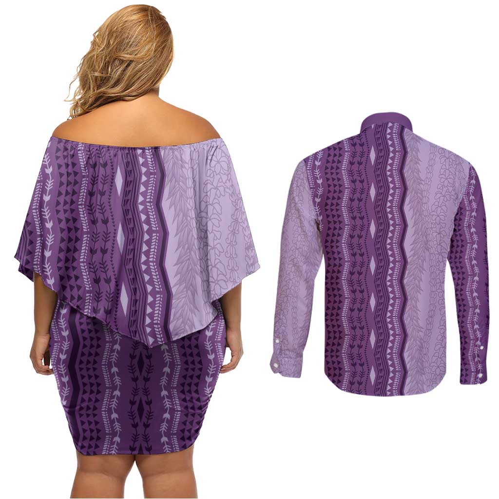 Vintage Violet Hawaiian Traditional Kapa Mix Flowers Lei Couples Matching Off Shoulder Short Dress and Long Sleeve Button Shirt