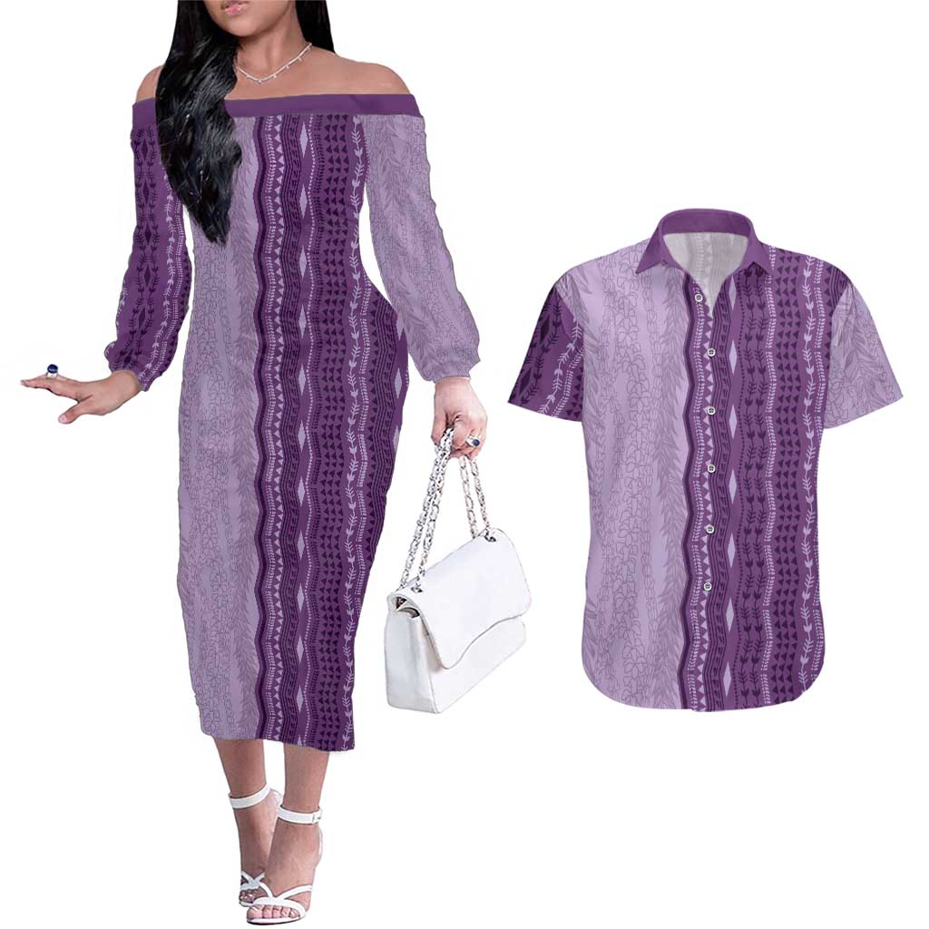 Vintage Violet Hawaiian Traditional Kapa Mix Flowers Lei Couples Matching Off The Shoulder Long Sleeve Dress and Hawaiian Shirt