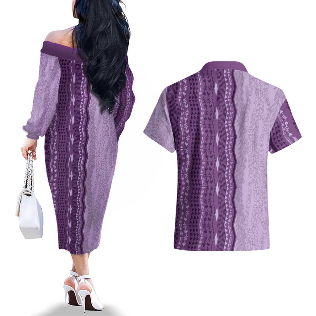 Vintage Violet Hawaiian Traditional Kapa Mix Flowers Lei Couples Matching Off The Shoulder Long Sleeve Dress and Hawaiian Shirt