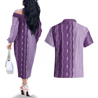 Vintage Violet Hawaiian Traditional Kapa Mix Flowers Lei Couples Matching Off The Shoulder Long Sleeve Dress and Hawaiian Shirt