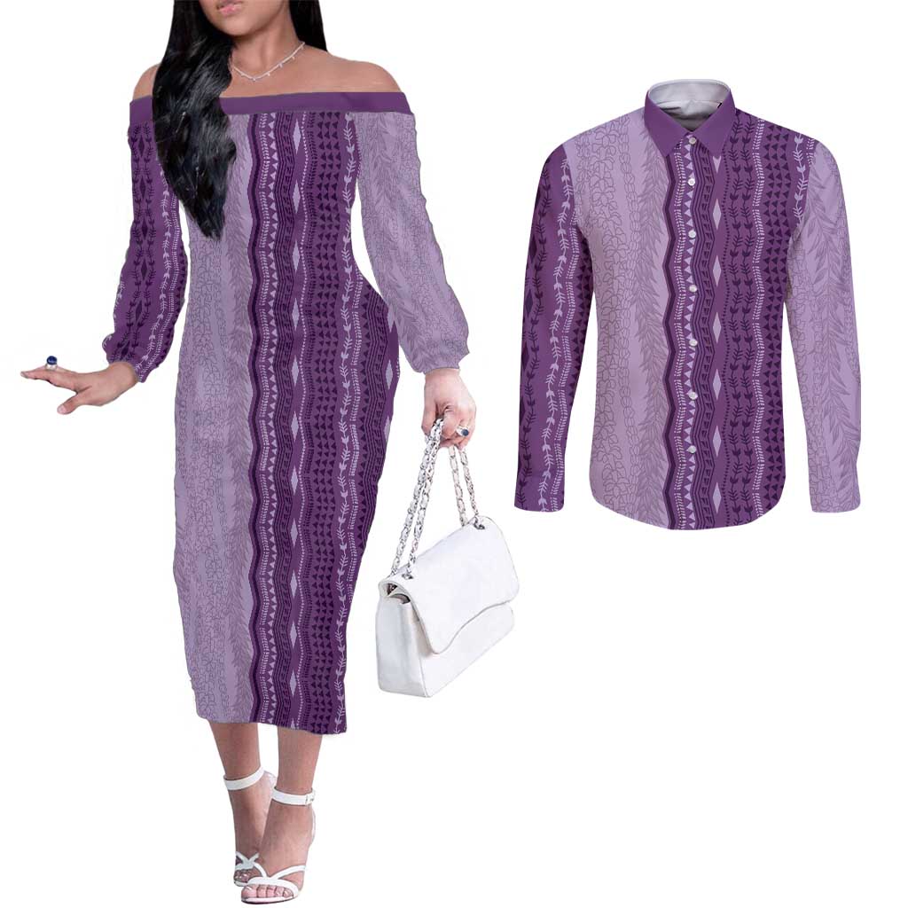Vintage Violet Hawaiian Traditional Kapa Mix Flowers Lei Couples Matching Off The Shoulder Long Sleeve Dress and Long Sleeve Button Shirt
