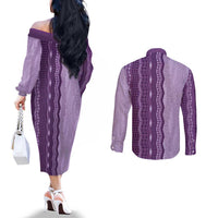 Vintage Violet Hawaiian Traditional Kapa Mix Flowers Lei Couples Matching Off The Shoulder Long Sleeve Dress and Long Sleeve Button Shirt
