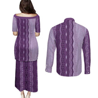 Vintage Violet Hawaiian Traditional Kapa Mix Flowers Lei Couples Matching Puletasi and Long Sleeve Button Shirt