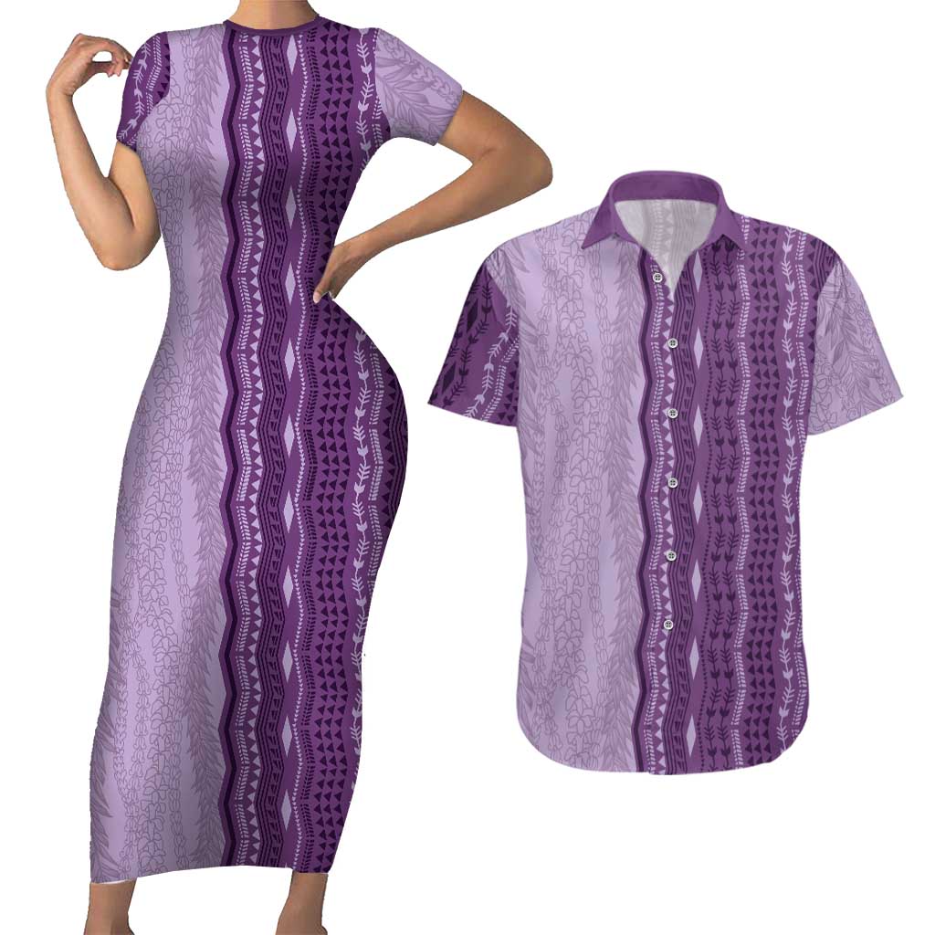 Vintage Violet Hawaiian Traditional Kapa Mix Flowers Lei Couples Matching Short Sleeve Bodycon Dress and Hawaiian Shirt