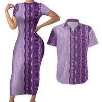 Vintage Violet Hawaiian Traditional Kapa Mix Flowers Lei Couples Matching Short Sleeve Bodycon Dress and Hawaiian Shirt