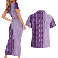 Vintage Violet Hawaiian Traditional Kapa Mix Flowers Lei Couples Matching Short Sleeve Bodycon Dress and Hawaiian Shirt