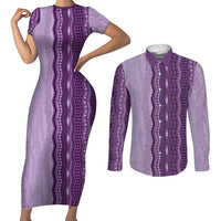 Vintage Violet Hawaiian Traditional Kapa Mix Flowers Lei Couples Matching Short Sleeve Bodycon Dress and Long Sleeve Button Shirt