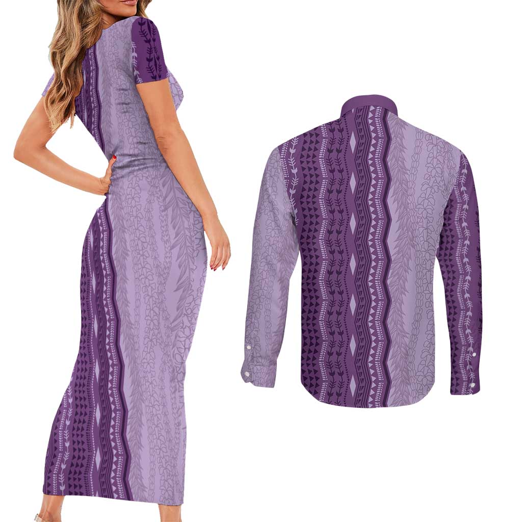 Vintage Violet Hawaiian Traditional Kapa Mix Flowers Lei Couples Matching Short Sleeve Bodycon Dress and Long Sleeve Button Shirt