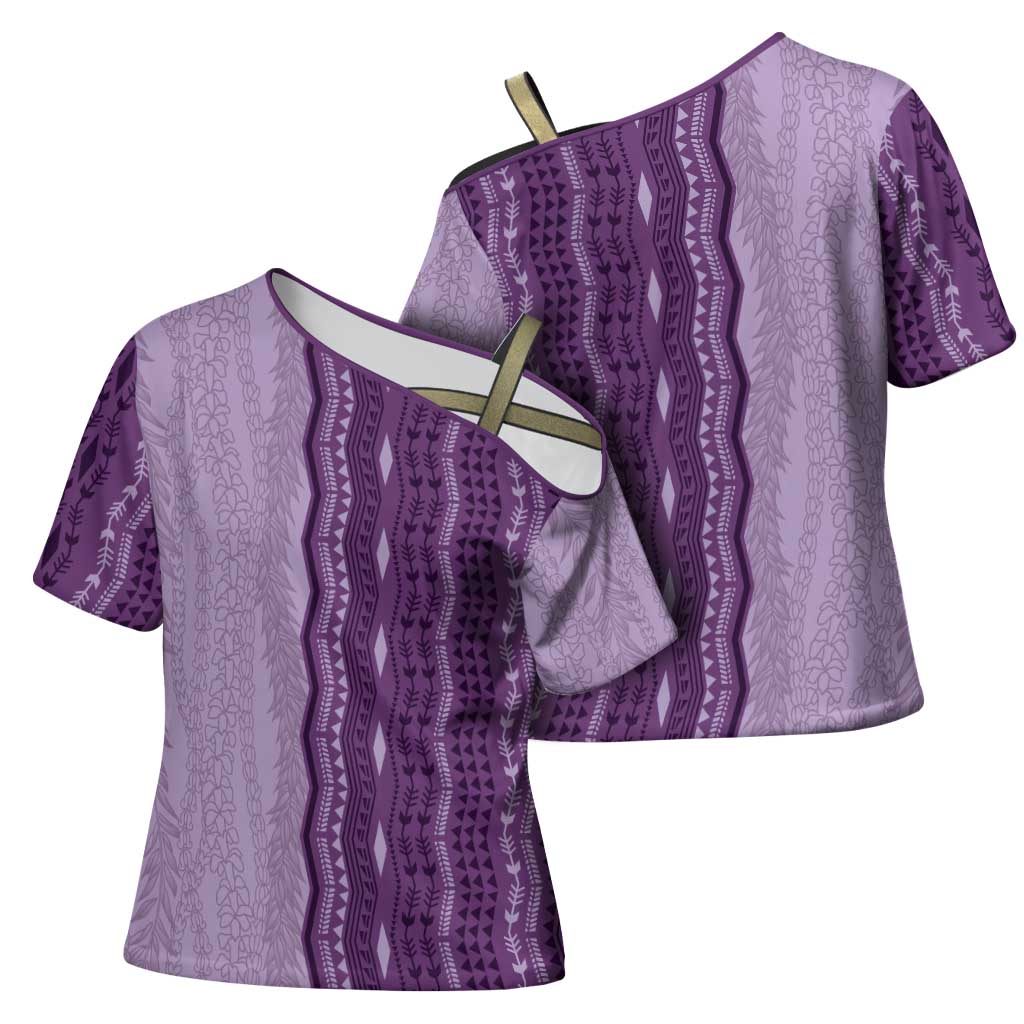 Vintage Violet Hawaiian Traditional Kapa Mix Flowers Lei Cross Shoulder Shirt