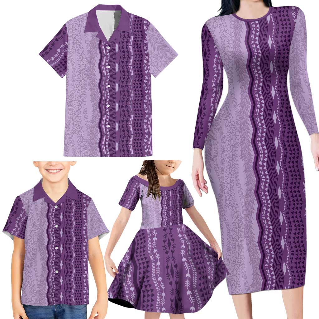 Vintage Violet Hawaiian Traditional Kapa Mix Flowers Lei Family Matching Long Sleeve Bodycon Dress and Hawaiian Shirt