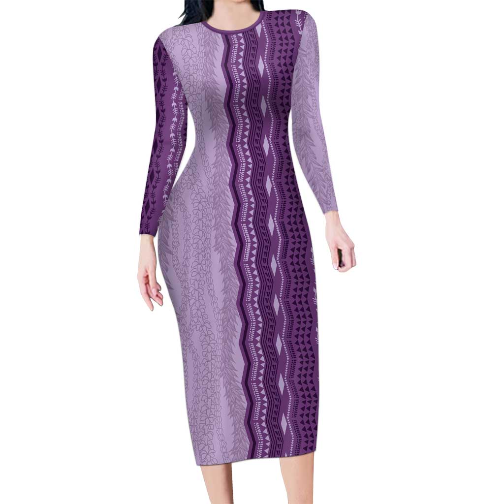Vintage Violet Hawaiian Traditional Kapa Mix Flowers Lei Family Matching Long Sleeve Bodycon Dress and Hawaiian Shirt