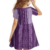 Vintage Violet Hawaiian Traditional Kapa Mix Flowers Lei Family Matching Off The Shoulder Long Sleeve Dress and Hawaiian Shirt