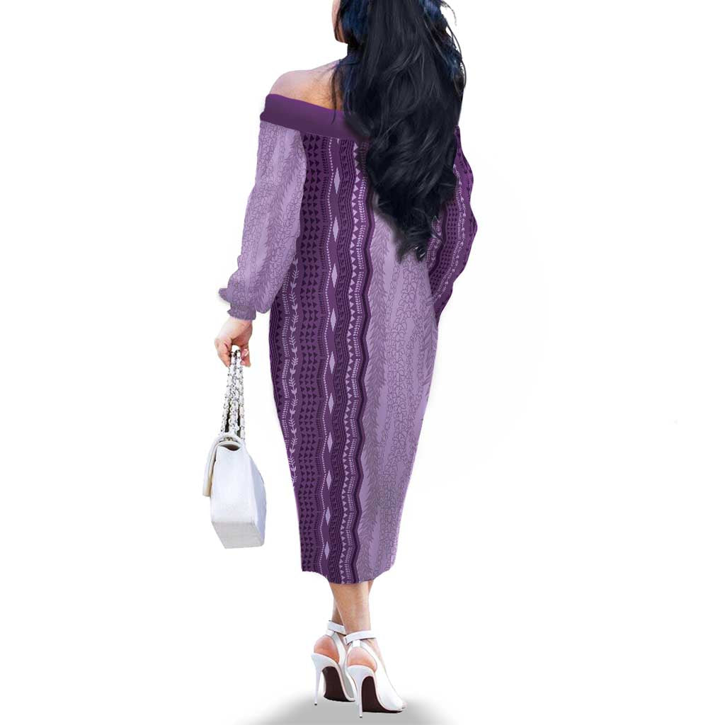Vintage Violet Hawaiian Traditional Kapa Mix Flowers Lei Family Matching Off The Shoulder Long Sleeve Dress and Hawaiian Shirt
