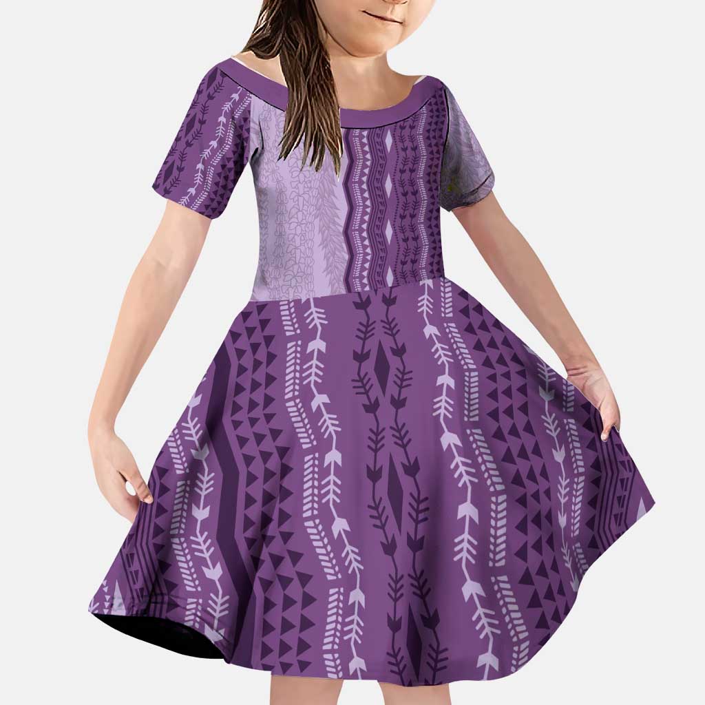 Vintage Violet Hawaiian Traditional Kapa Mix Flowers Lei Family Matching Off Shoulder Maxi Dress and Hawaiian Shirt