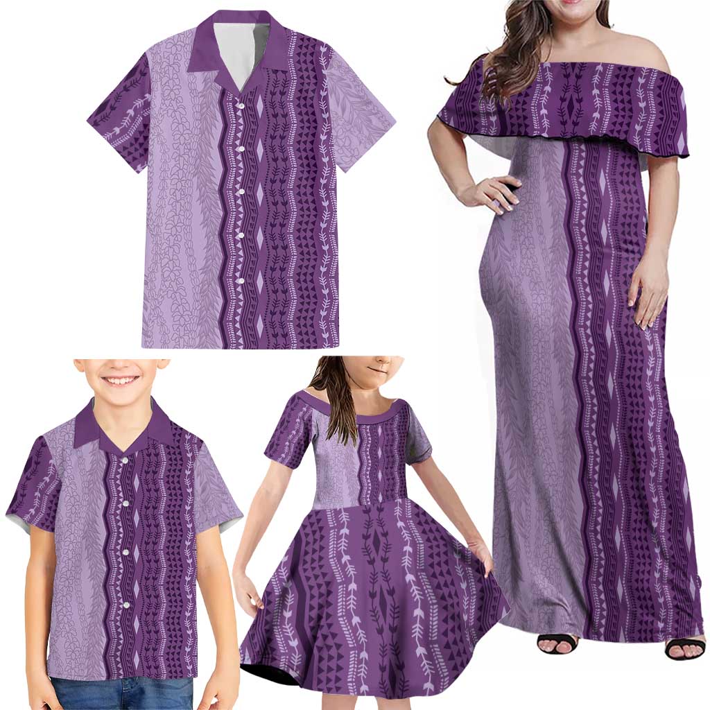 Vintage Violet Hawaiian Traditional Kapa Mix Flowers Lei Family Matching Off Shoulder Maxi Dress and Hawaiian Shirt