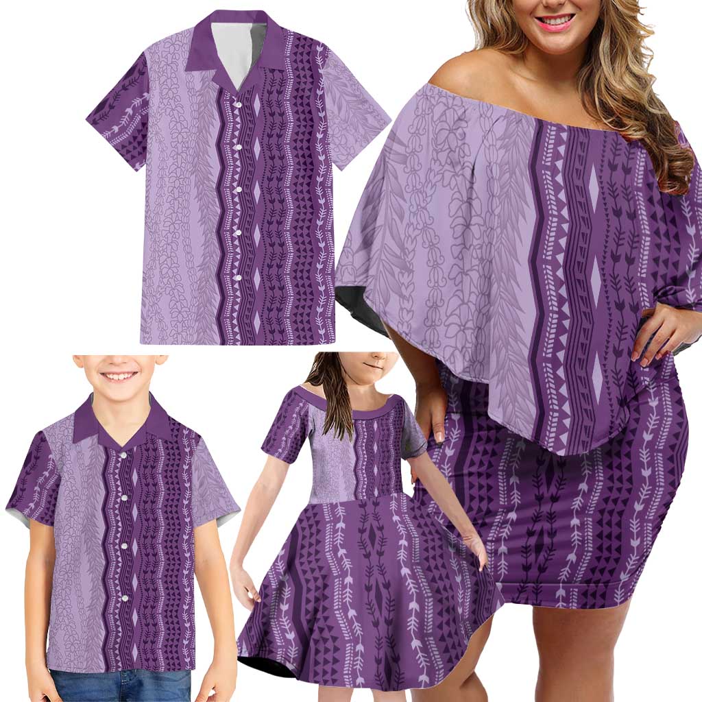 Vintage Violet Hawaiian Traditional Kapa Mix Flowers Lei Family Matching Off Shoulder Short Dress and Hawaiian Shirt