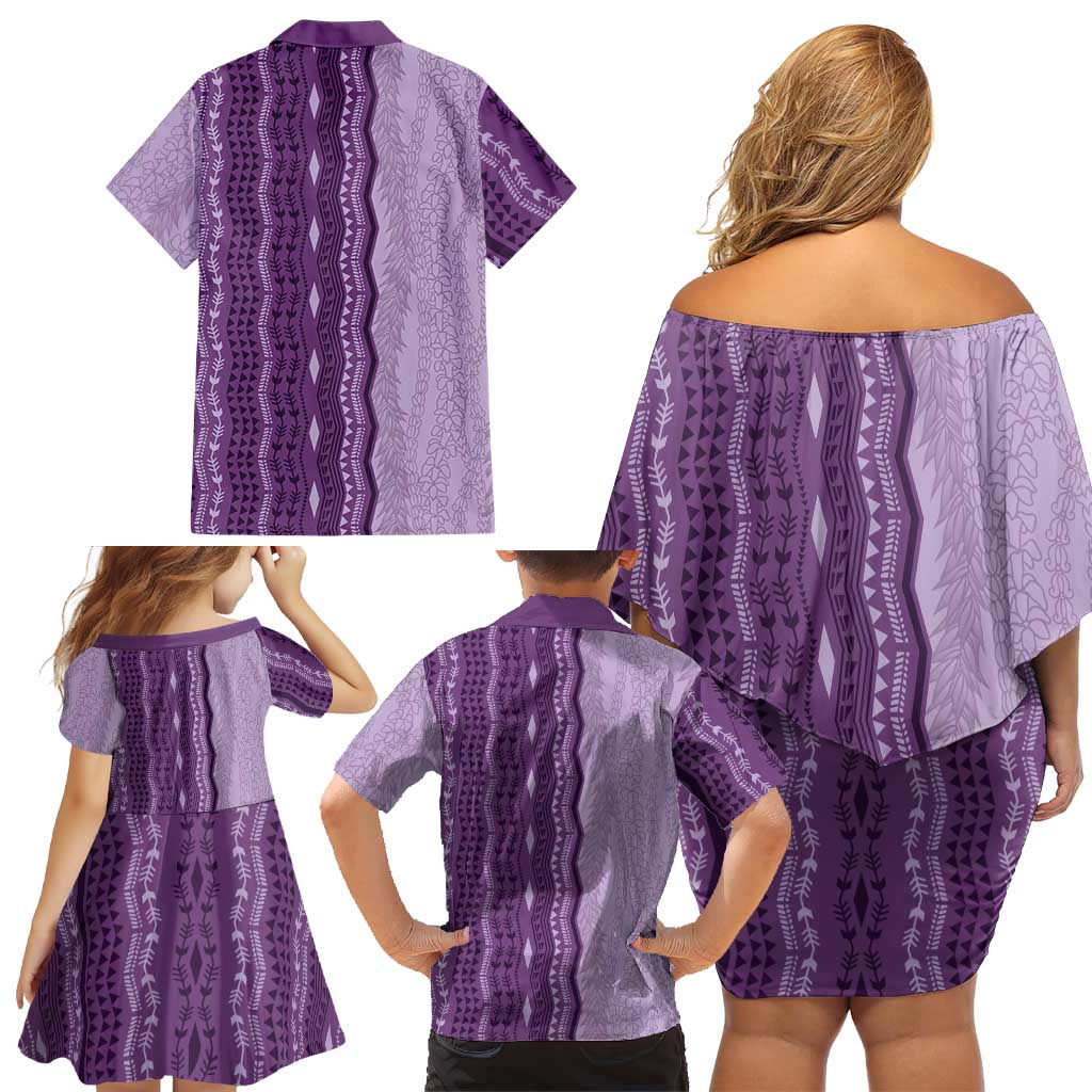 Vintage Violet Hawaiian Traditional Kapa Mix Flowers Lei Family Matching Off Shoulder Short Dress and Hawaiian Shirt