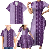 Vintage Violet Hawaiian Traditional Kapa Mix Flowers Lei Family Matching Short Sleeve Bodycon Dress and Hawaiian Shirt