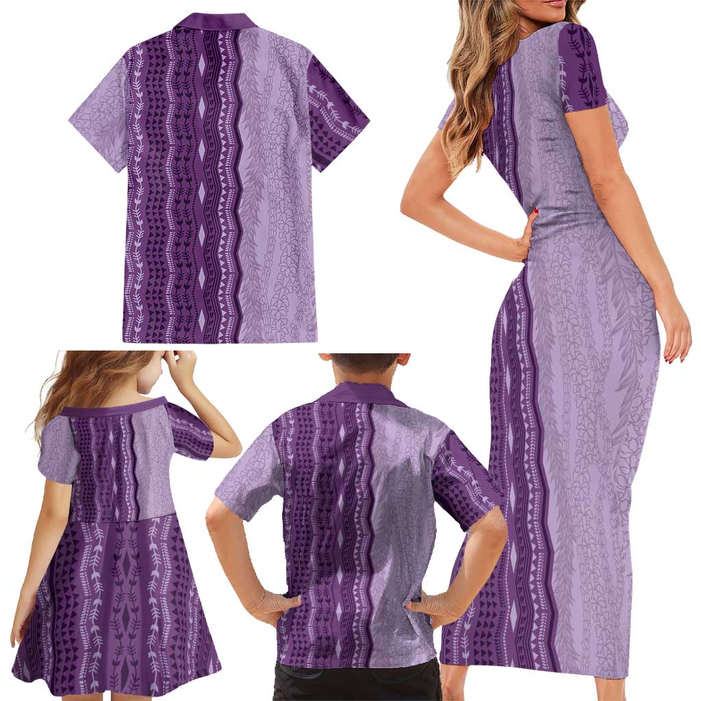 Vintage Violet Hawaiian Traditional Kapa Mix Flowers Lei Family Matching Short Sleeve Bodycon Dress and Hawaiian Shirt