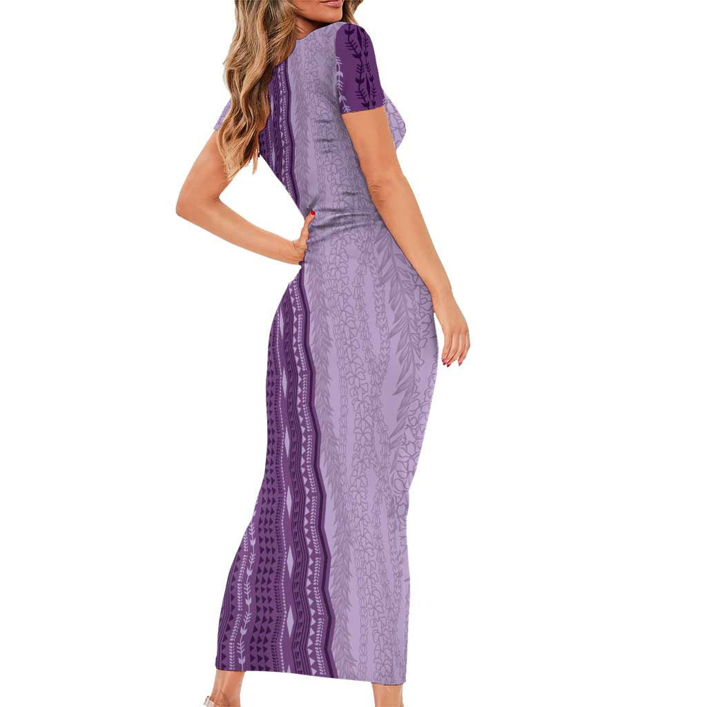 Vintage Violet Hawaiian Traditional Kapa Mix Flowers Lei Family Matching Short Sleeve Bodycon Dress and Hawaiian Shirt