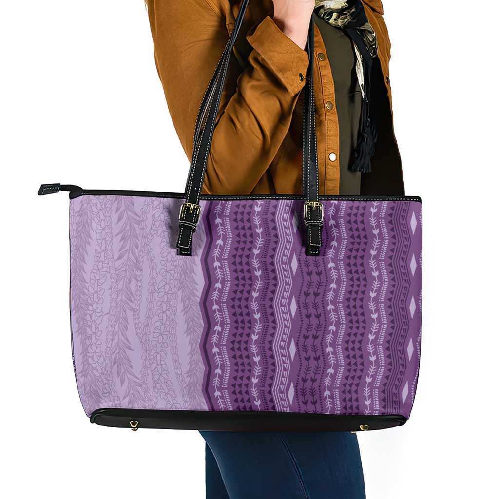 Vintage Violet Hawaiian Traditional Kapa Mix Flowers Lei Leather Tote Bag