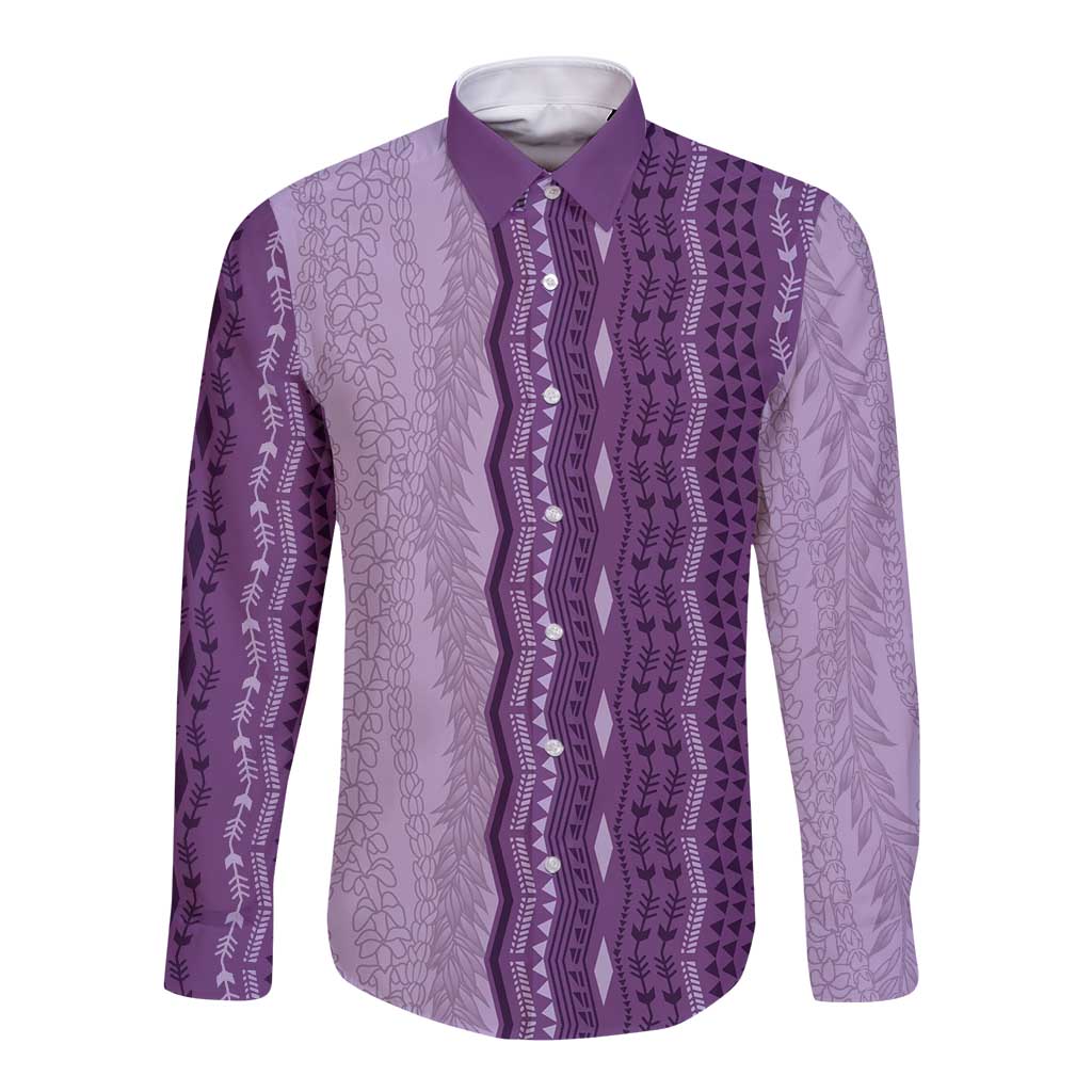 Vintage Violet Hawaiian Traditional Kapa Mix Flowers Lei Long Sleeve Button Shirt