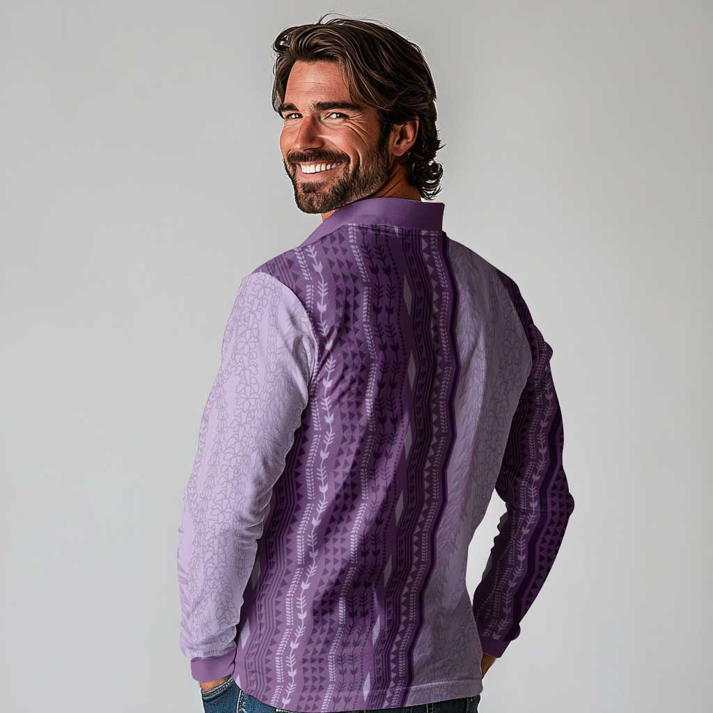 Vintage Violet Hawaiian Traditional Kapa Mix Flowers Lei Long Sleeve Polo Shirt LT7 - Polynesian Pride