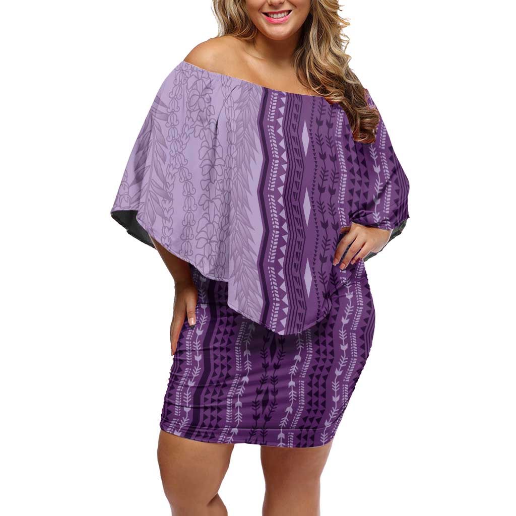 Vintage Violet Hawaiian Traditional Kapa Mix Flowers Lei Off Shoulder Short Dress LT7 Women Violet - Polynesian Pride