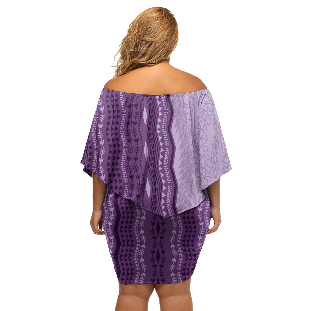 Vintage Violet Hawaiian Traditional Kapa Mix Flowers Lei Off Shoulder Short Dress LT7 - Polynesian Pride