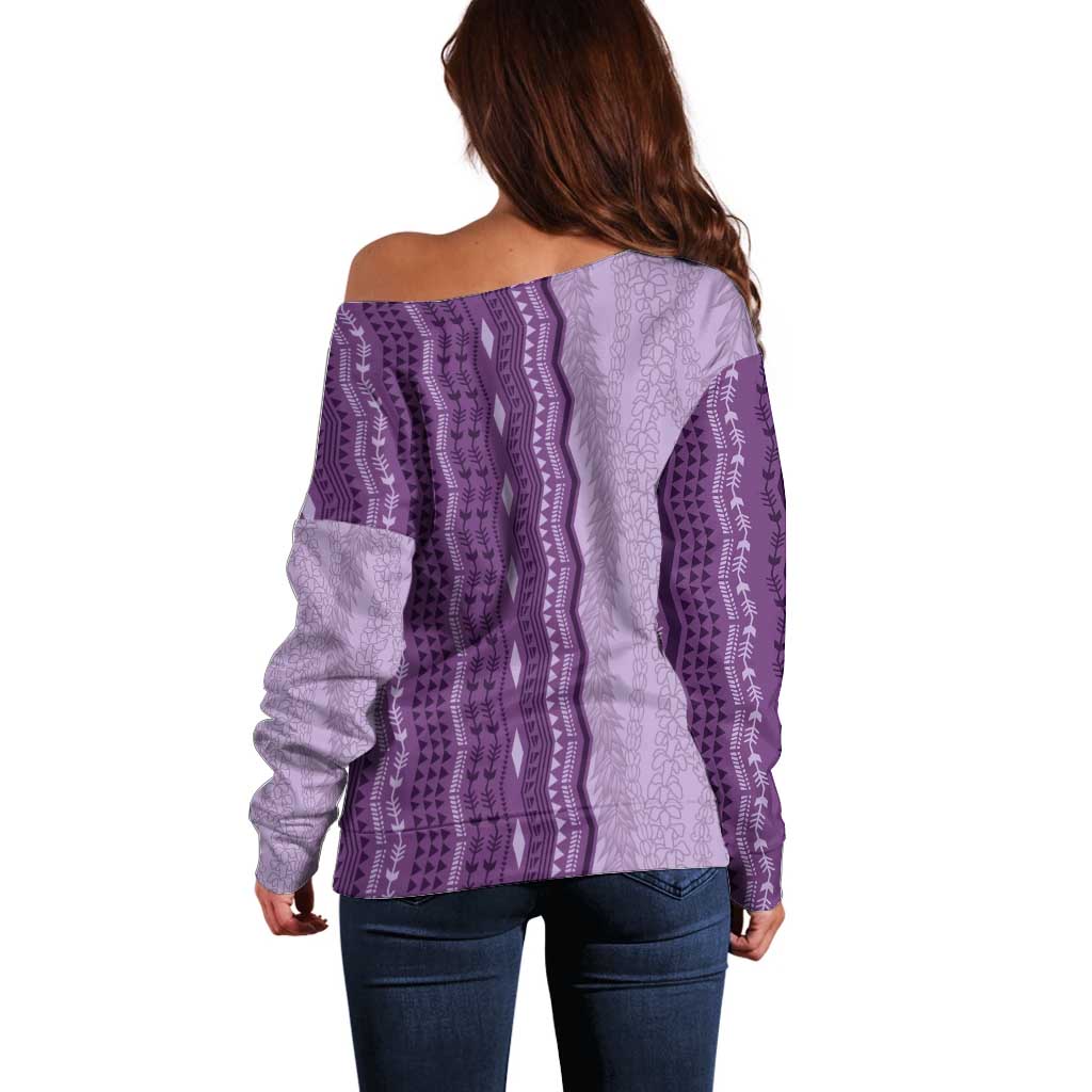 Vintage Violet Hawaiian Traditional Kapa Mix Flowers Lei Off Shoulder Sweater