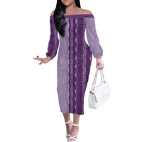 Vintage Violet Hawaiian Traditional Kapa Mix Flowers Lei Off The Shoulder Long Sleeve Dress