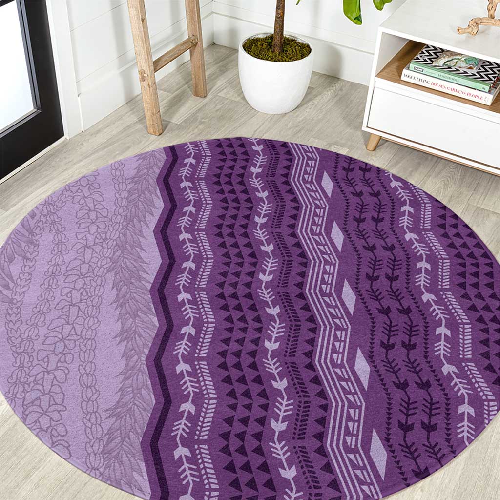 Vintage Violet Hawaiian Traditional Kapa Mix Flowers Lei Round Carpet LT7 Violet - Polynesian Pride