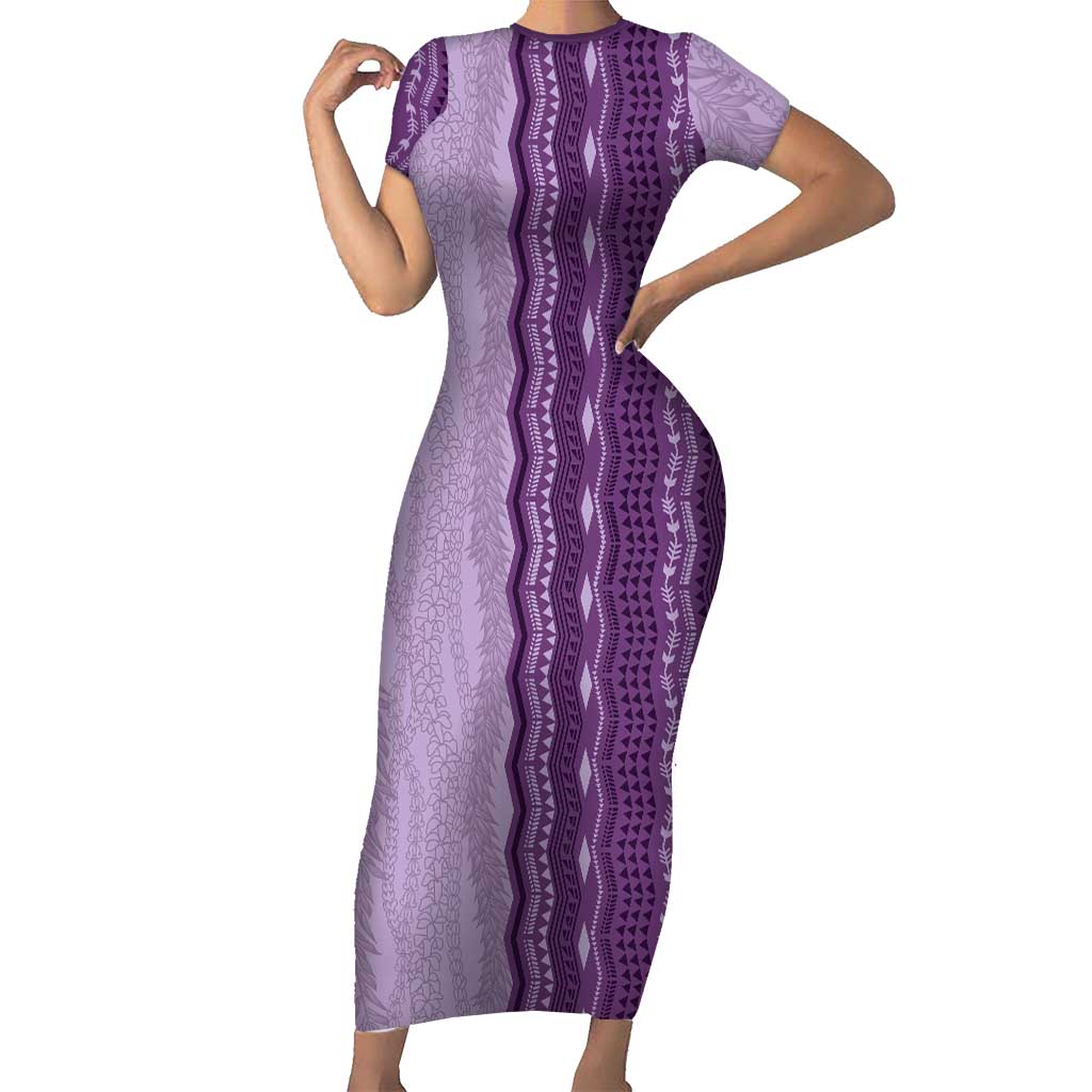 Vintage Violet Hawaiian Traditional Kapa Mix Flowers Lei Short Sleeve Bodycon Dress