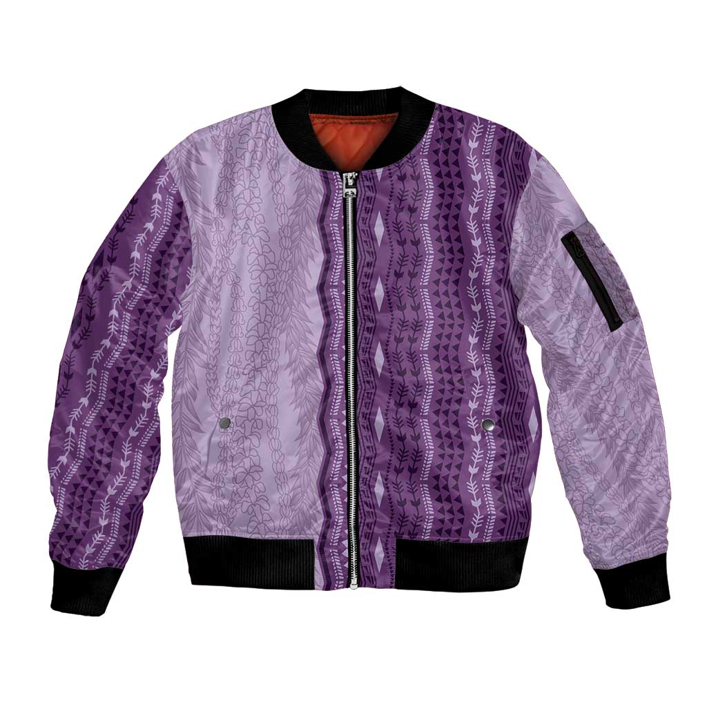Vintage Violet Hawaiian Traditional Kapa Mix Flowers Lei Sleeve Zip Bomber Jacket