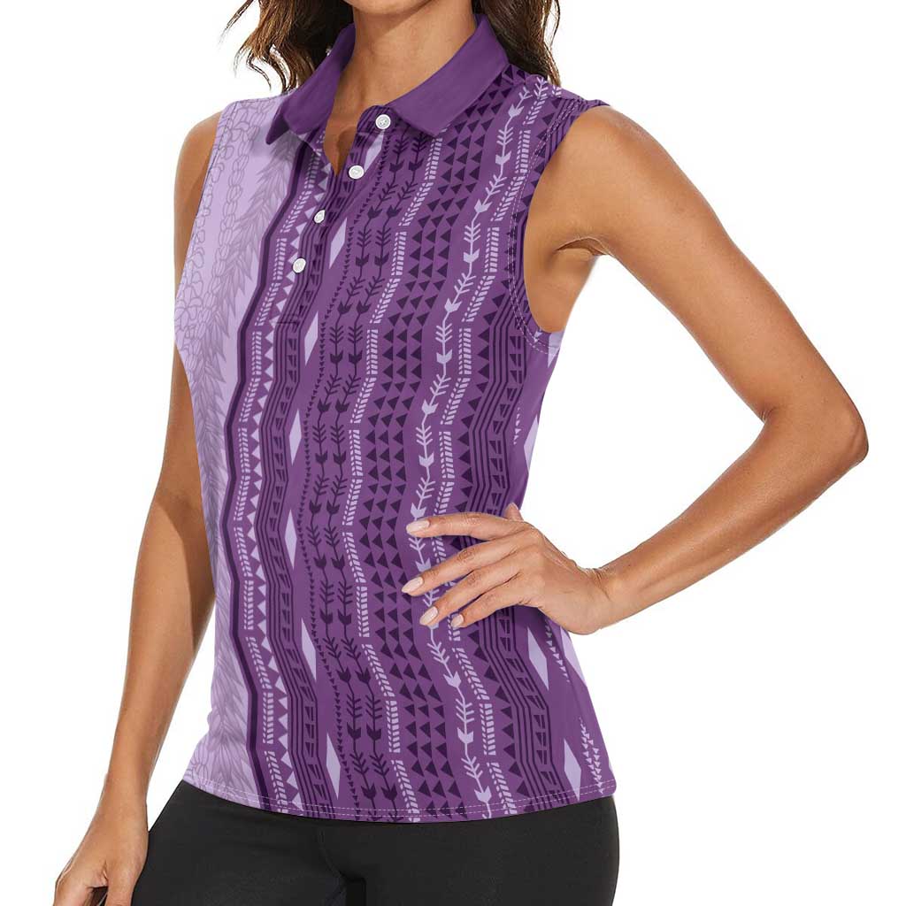 Vintage Violet Hawaiian Traditional Kapa Mix Flowers Lei Women Sleeveless Polo Shirt