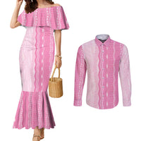 Vintage Pink Hawaiian Traditional Kapa Mix Flowers Lei Couples Matching Mermaid Dress and Long Sleeve Button Shirt