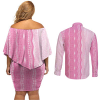 Vintage Pink Hawaiian Traditional Kapa Mix Flowers Lei Couples Matching Off Shoulder Short Dress and Long Sleeve Button Shirt
