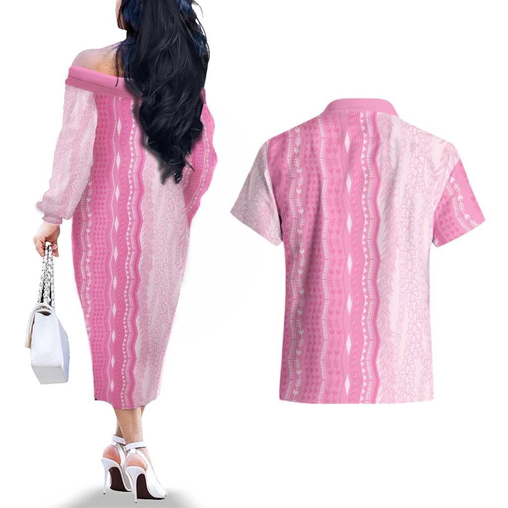 Vintage Pink Hawaiian Traditional Kapa Mix Flowers Lei Couples Matching Off The Shoulder Long Sleeve Dress and Hawaiian Shirt