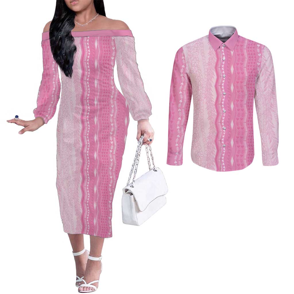 Vintage Pink Hawaiian Traditional Kapa Mix Flowers Lei Couples Matching Off The Shoulder Long Sleeve Dress and Long Sleeve Button Shirt